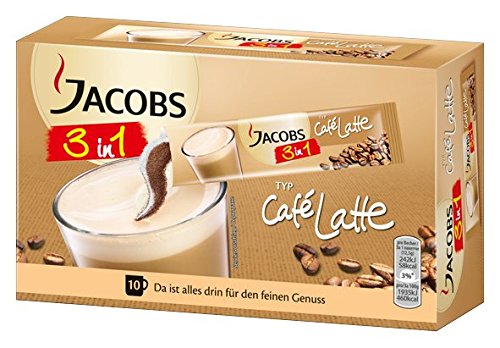 Jacobs 3 für 1 Cafe Latte, 10 praktische Becher-Portionen ,Löslicher Kaffee mit Kaffeeweißer und Zucker, 12er Pack (12 x 125 g)
