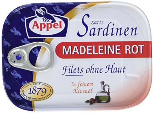 Sardinen „Madeleine rot“, zarte Filets ohne Haut in feinem Olivenöl, 10er Pack (10 x 105g Dose)