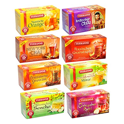 Teekanne Ländertee-Set (New York Chai, Persicher Granatapfel, Orientalischer Gewürztee, Marokkanische Minze, Chinesischer Sencha, Türkischer Apfel, Spanische Orange, Indischer Chai)