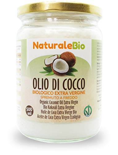 Bio Kokosöl Extra Vergine 500 ml. Roh und kalt gepresst. 100% Biologisch, Natürlich und Rein. Natives, nicht raffiniertes Bio-Öl. Herkunftsland Sri Lanka. Organic Raw Coconut Oil. NaturaleBio