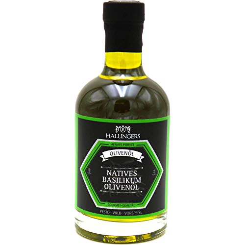 Hallingers Premium Speise-Öl (350ml) – Natives Basilikum Olivenöl (Exklusivflasche) – zu Passt immer Grillen